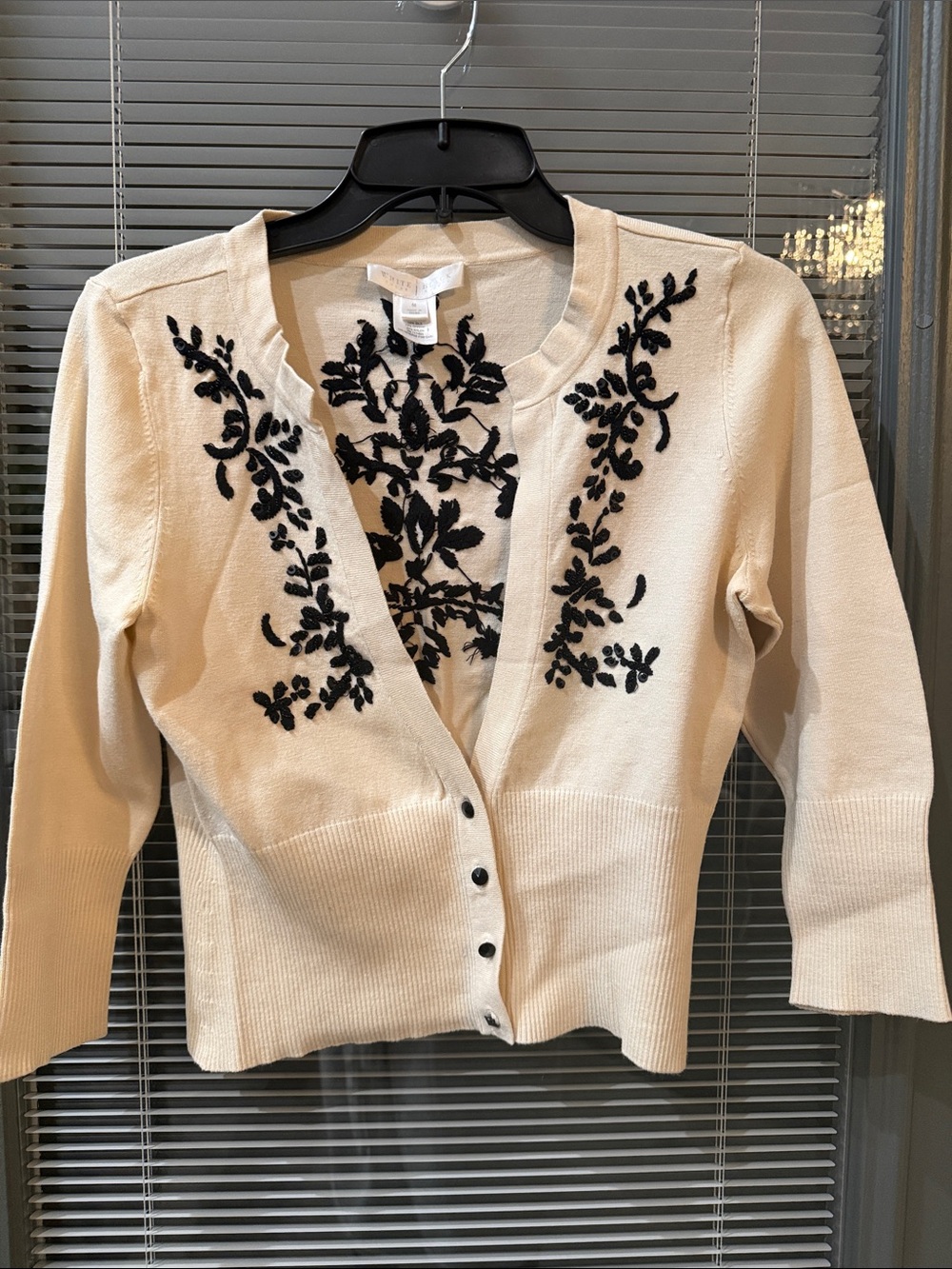 White House Black Market Cream Cardigan with Black Floral Embroidery
